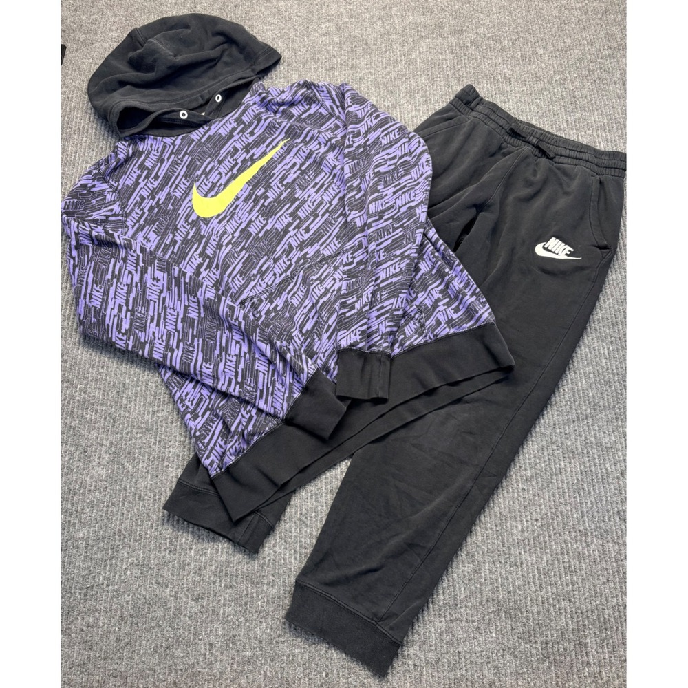 Nike Kids XL Purple Black Logo Print Hoodie and Joggers Tracksuit Set 2pc